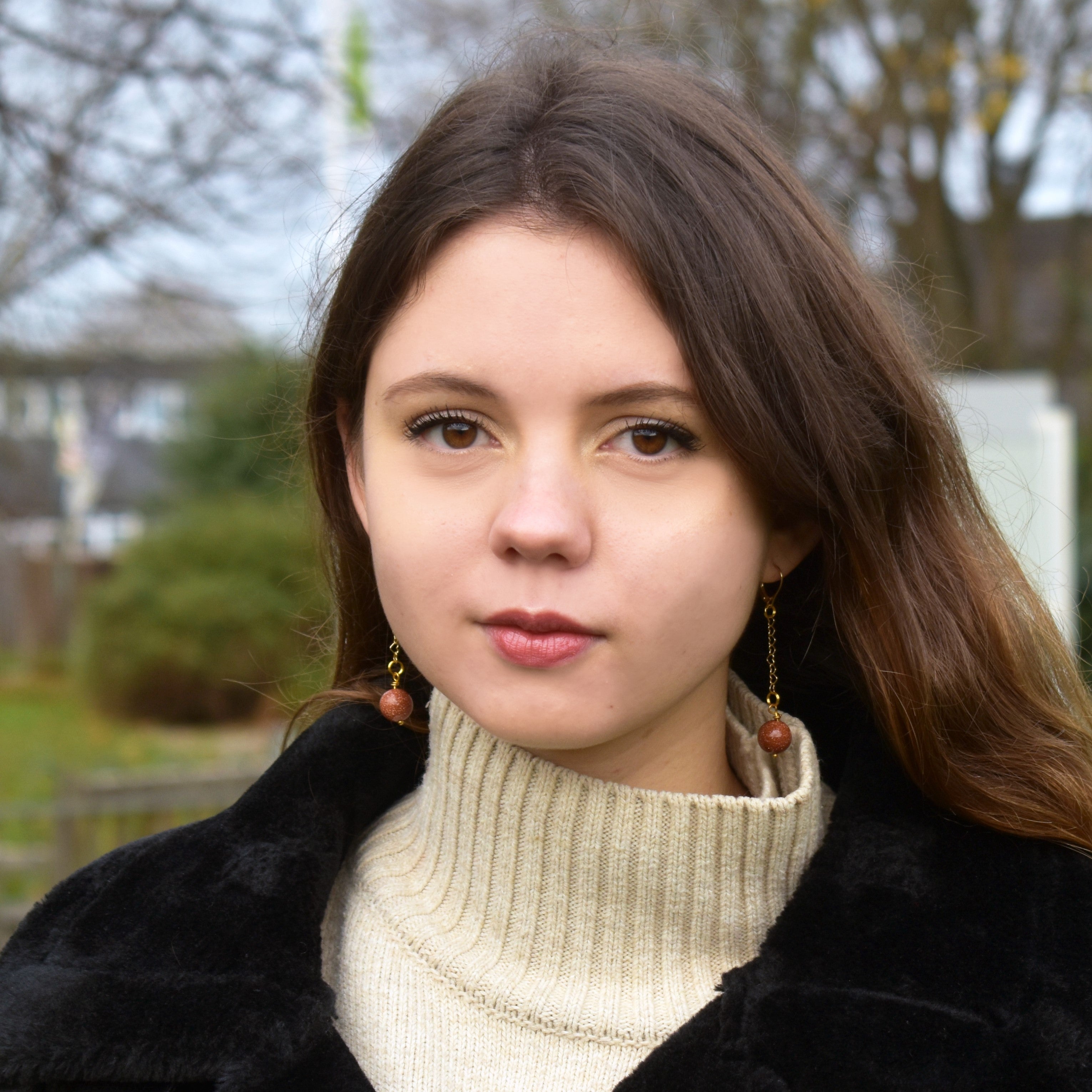 Brown Goldstone Heart Chain Earrings